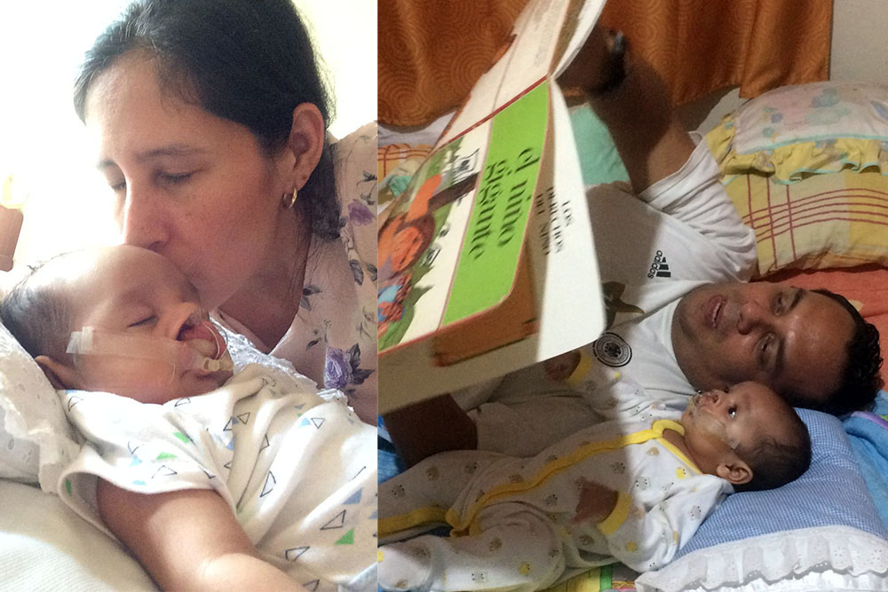 Hector Daniel before cleft surgery being kissed by his mother and reading with his father